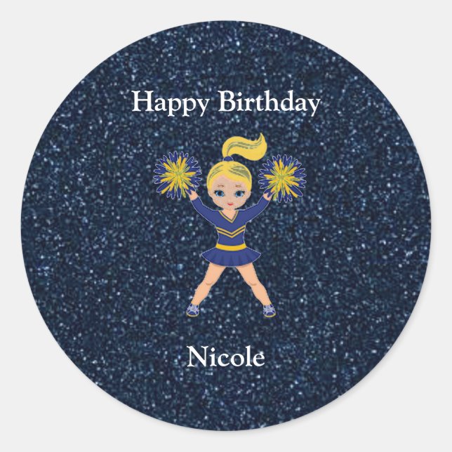 Cheerleading "Happy Birthday" Blue Sparkle Sticker (Front)