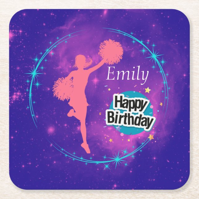 Cheerleading Happy Birthday Galaxy Personalised   Square Paper Coaster (Front)