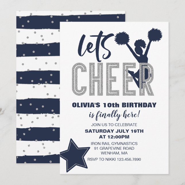 Cheerleading Navy and Silver Cheer Birthday Invitation (Front/Back)