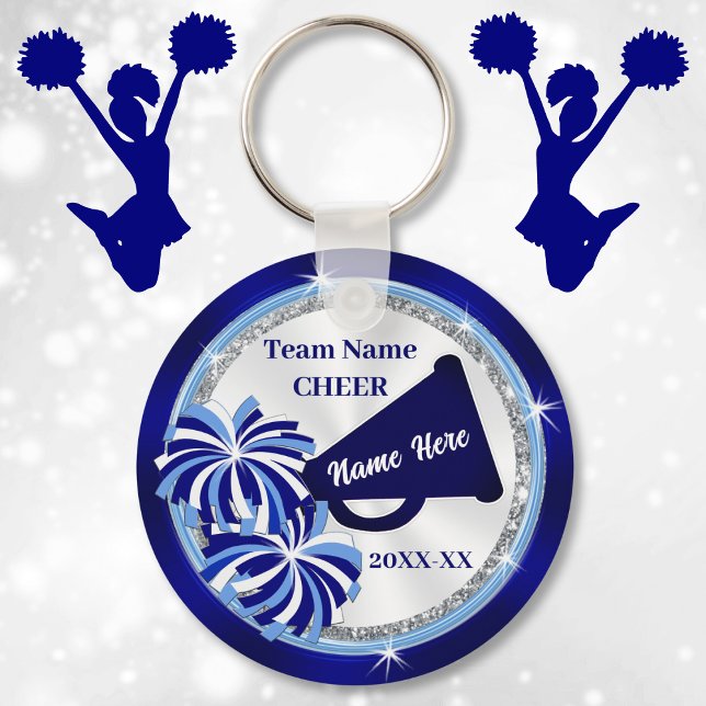 Cheerleading Party Favours, Megaphone and Pom Poms Key Ring (Cheap cheerleading gifts. Cheer squad party ideas. Blue and White, Cheerleading party favors. )