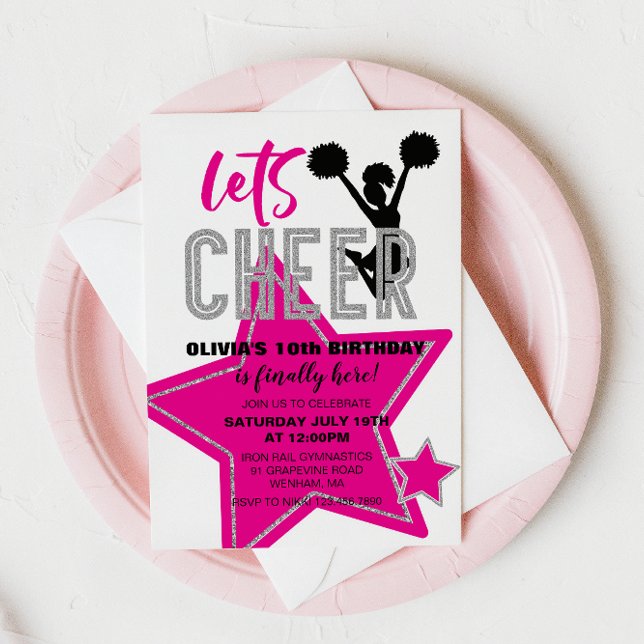 Cheerleading Pink Silver Black Cheer Birthday Invitation (Creator Uploaded)