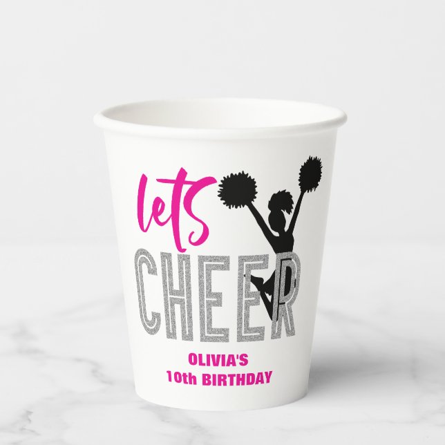 Cheerleading Pink Silver Black Cheer Birthday Paper Cups (Front)