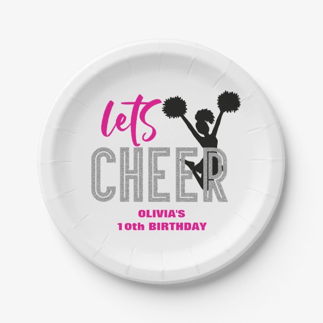 Cheerleading Pink Silver Black Cheer Birthday Paper Plate (Front)