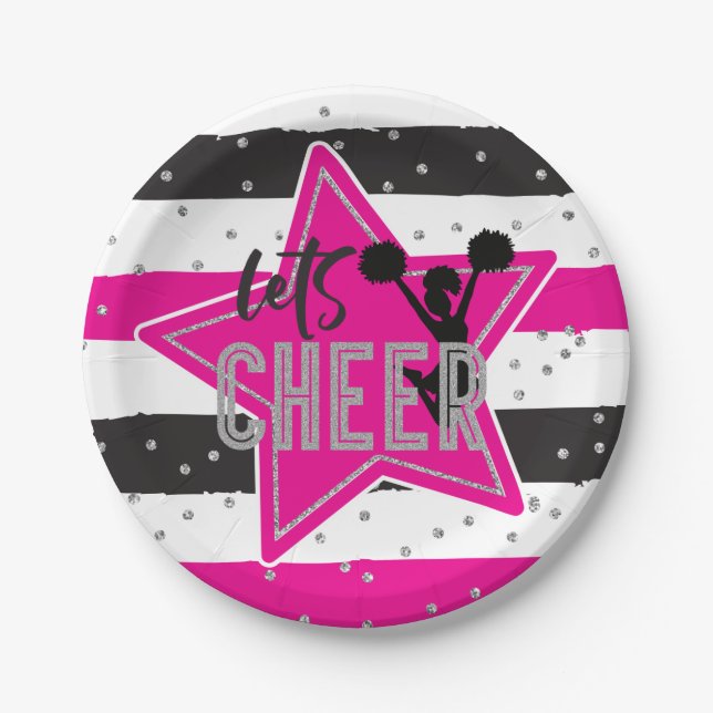 Cheerleading Pink Silver Black Cheer Birthday Paper Plate (Front)
