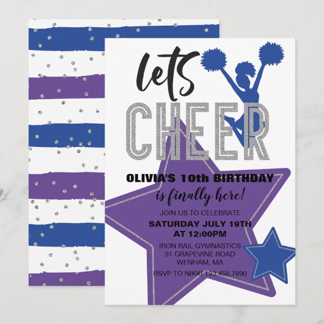 Cheerleading Purple Blue Cheer Birthday Invitation (Front/Back)
