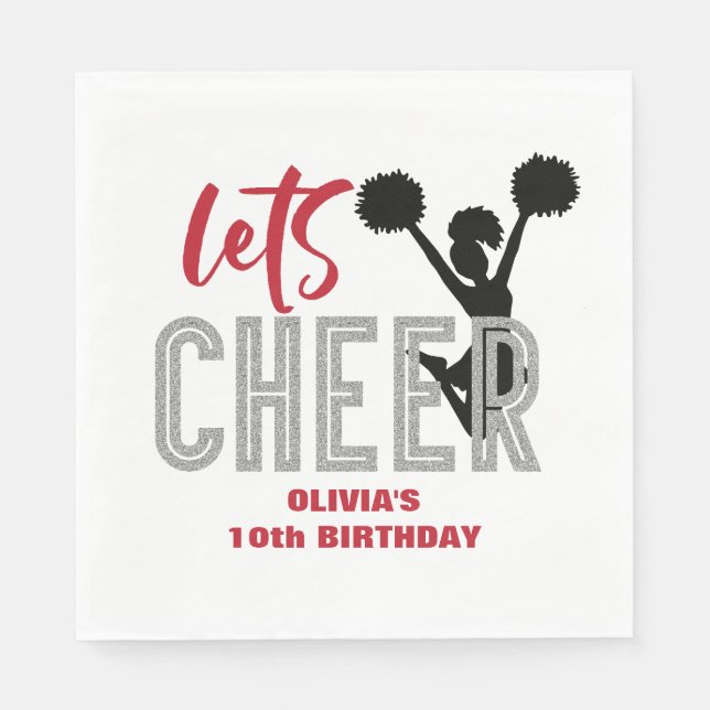 Cheerleading Red Silver Black Cheer Birthday Napkin (Front)