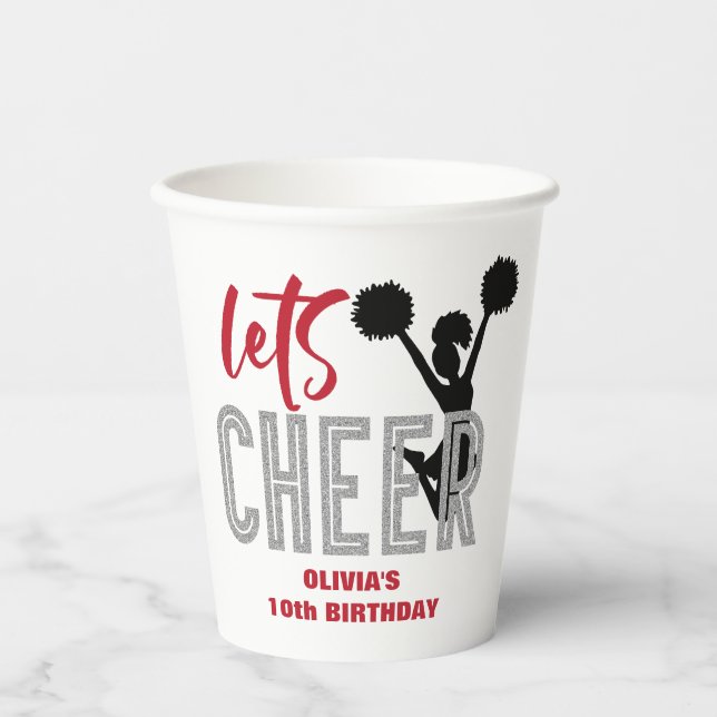 Cheerleading Red Silver Black Cheer Birthday Paper Cups (Front)