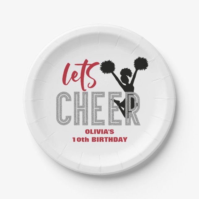 Cheerleading Red Silver Black Cheer Birthday Paper Plate (Front)