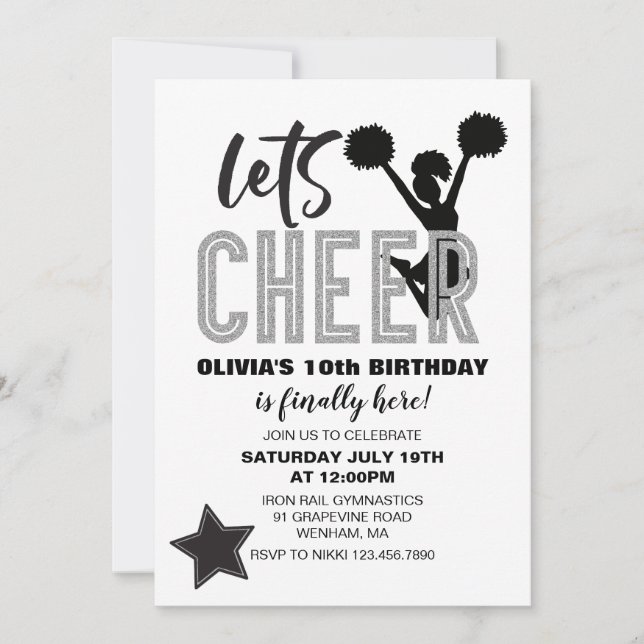 Cheerleading  Silver and Black Cheer Birthday Invitation (Front)