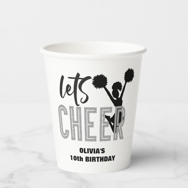 Cheerleading Silver and Black Cheer Birthday Paper Cups (Front)