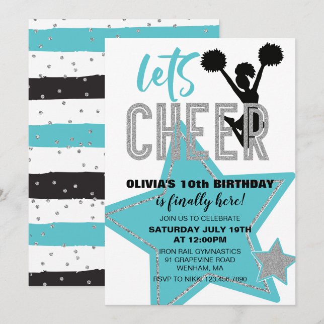 Cheerleading turquoise Silver Black Cheer Birthday Invitation (Front/Back)