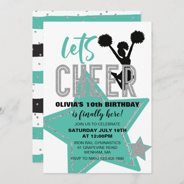Cheerleading turquoise Silver Black Cheer Birthday Invitation (Front/Back)