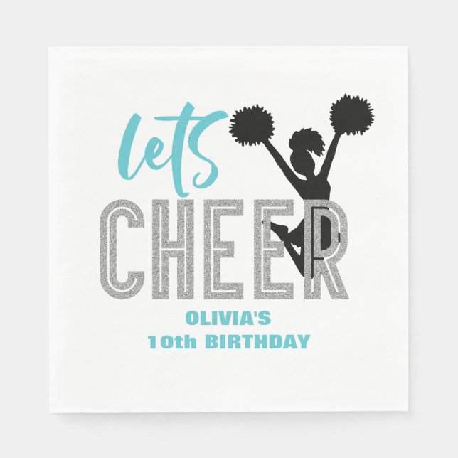 Cheerleading turquoise Silver Black Cheer Birthday Napkin (Front)