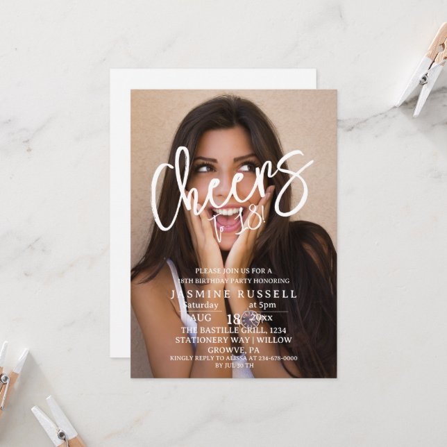 Cheers 18th Modern Photo Birthday For Her Invitation (Front/Back In Situ)