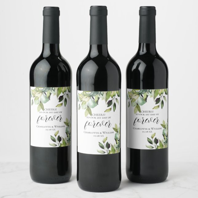 Cheers 1st day of Forever Elegant Green Botanicals Wine Label (Bottles)