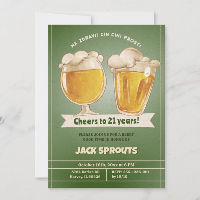 Cheers 21 Years Beer 21st Twenty One Man Birthday Invitation (Front)