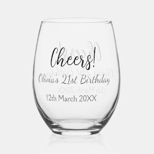 Cheers 21st birthday add name date simple minimal  stemless wine glass