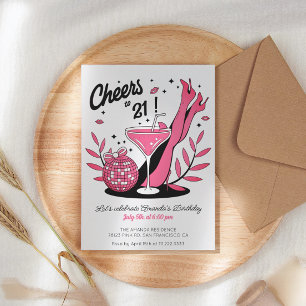 Cheers 21st Birthday Pink and Black Photo Invitation