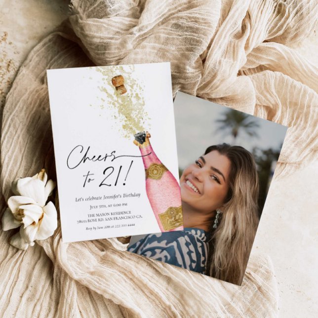 Cheers 21st Birthday Pink and Gold Photo Invitatio Invitation (Creator Uploaded)