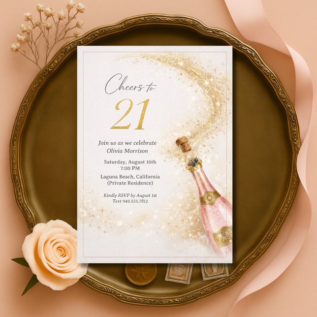 Cheers 21st Birthday Pink Gold Champagne Invitation (Creator Uploaded)