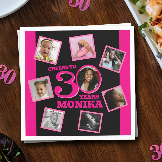 Cheers 30th Birthday 8 photo name pink black Napkin (Creator Uploaded)