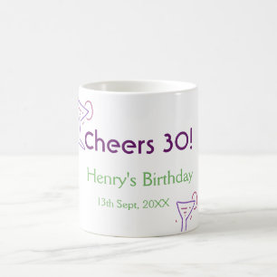 cheers 30th birthday name wine purple glass green  coffee mug