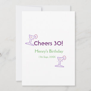 cheers 30th birthday name wine purple glass green invitation