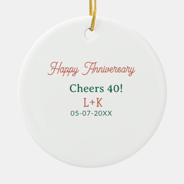 Cheers 40 happy anniversary orange green name date ceramic tree decoration (Front)