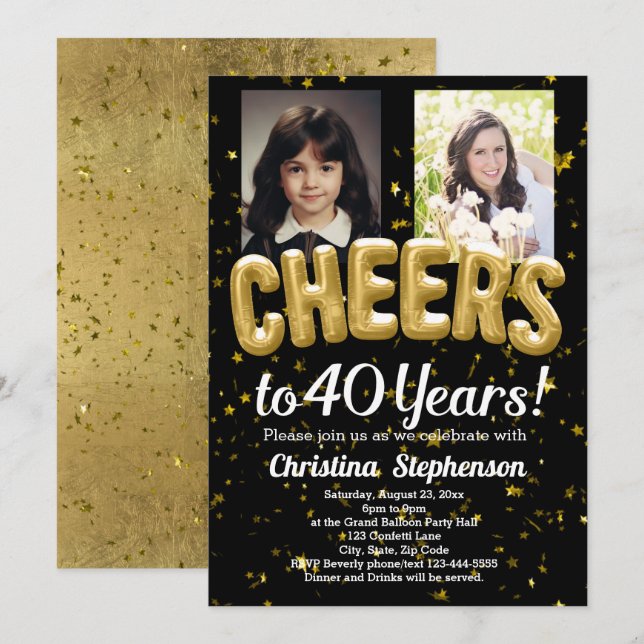 Cheers 40 Years 40th Birthday Then and Now Photo Invitation (Front/Back)
