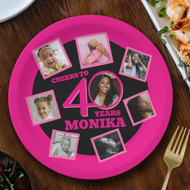 Cheers 40th Birthday 8 photo name pink black Paper Plate (Creator Uploaded)