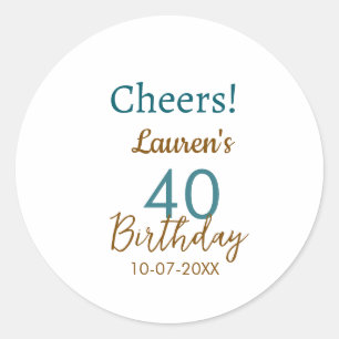 Cheers 40th birthday name date brown turquoise sim classic round sticker