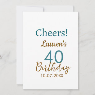 Cheers 40th birthday name date brown turquoise sim invitation