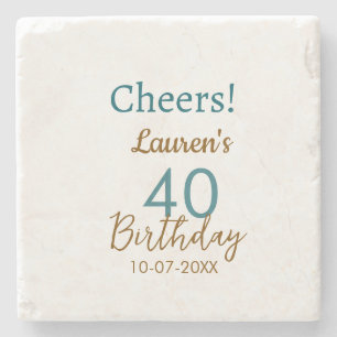 Cheers 40th birthday name date brown turquoise sim stone coaster