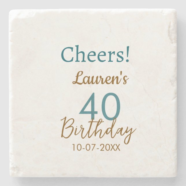 Cheers 40th birthday name date brown turquoise sim stone coaster (Front)