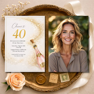 Cheers 40th Birthday Photo Pink Gold Champagne Invitation