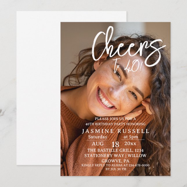 Cheers 40th Modern Photo Birthday Party Invitation (Front/Back)