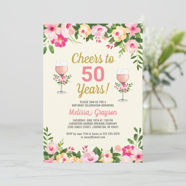 Cheers 50th Birthday Invitation Feminine Floral (Standing Front)