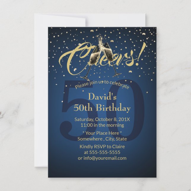 Cheers 50th Birthday Party Navy Blue Gold Glitter Invitation (Front)
