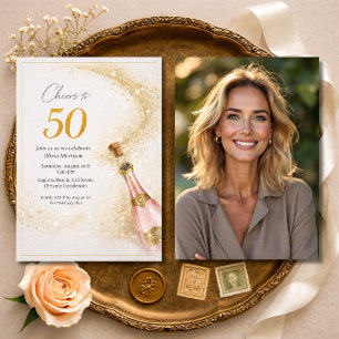 Cheers 50th Birthday Photo Pink Gold Champagne Invitation