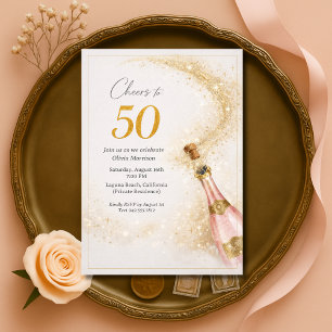 Cheers 50th Birthday Pink Gold Champagne Invitation
