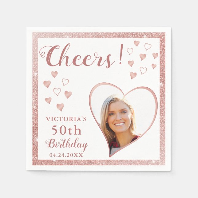Cheers 50th Birthday Rose Gold White Custom Photo Napkin (Front)