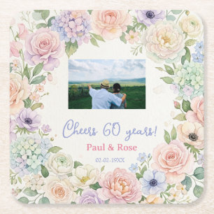 cheers 60 years purple pink pastel floral photo na square paper coaster