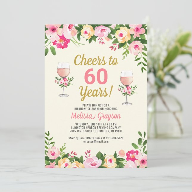 Cheers 60th Birthday Invitation Feminine Floral (Standing Front)