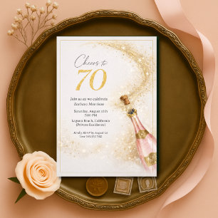 Cheers 70th Birthday Pink Gold Champagne Invitation