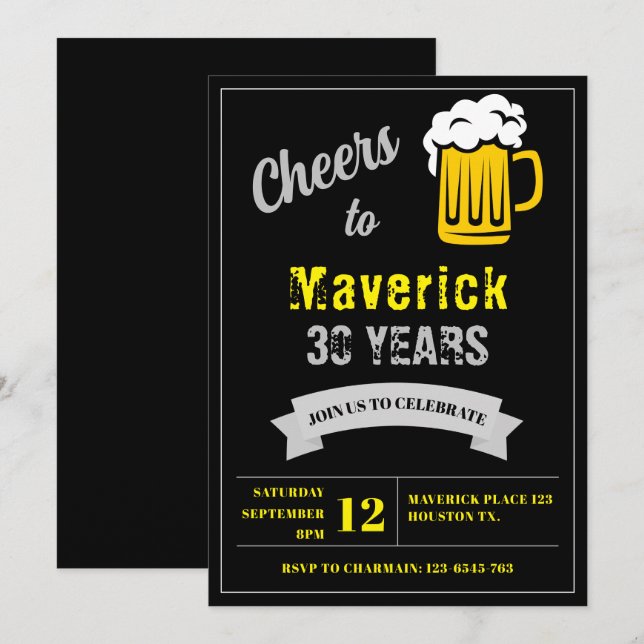 Cheers and Beer 30 Year Birthday Black Dark Grey Invitation (Front/Back)