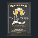 Cheers and Beers 16th Birthday Invitation Card<br><div class="desc">Cheers and Beers 16th Birthday Invitation Card with chalkboard background. 16th 18th 21st 30th 40th 50th 60th 70th 80th 90th 100th. Any Age. For further customisation,  please click the "Customise it" button and use our design tool to modify this template.</div>