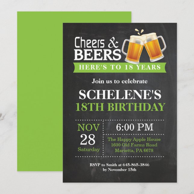 Cheers and Beers 18th Birthday Invitation Card (Front/Back)