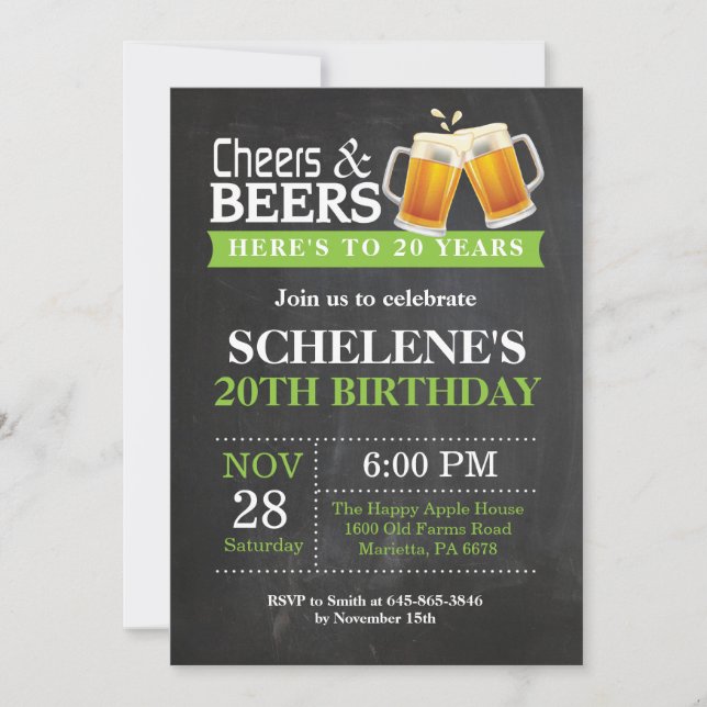 Cheers and Beers 20th Birthday Invitation Card (Front)