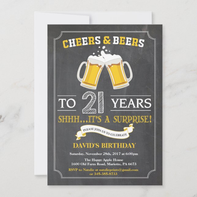 Cheers and Beers 21st Birthday Invitation Card (Front)