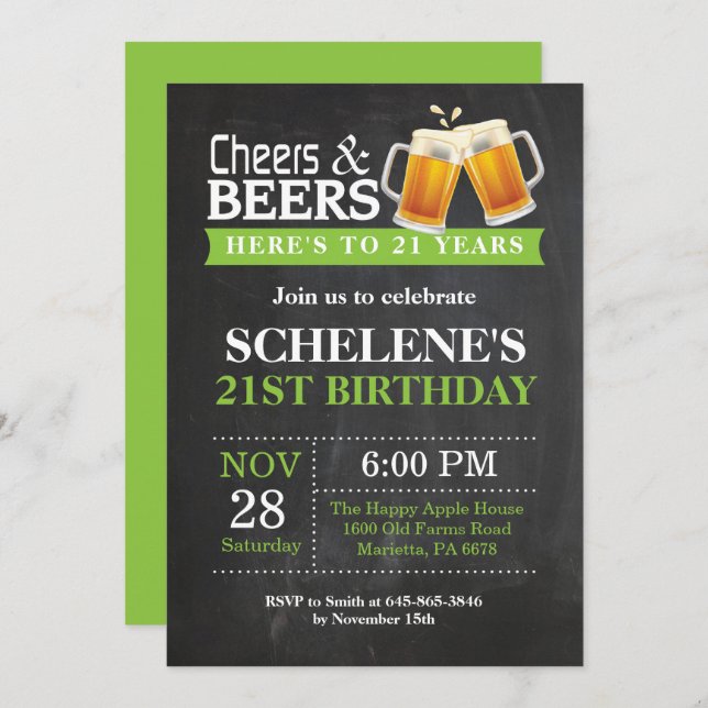 Cheers and Beers 21st Birthday Invitation Card (Front/Back)